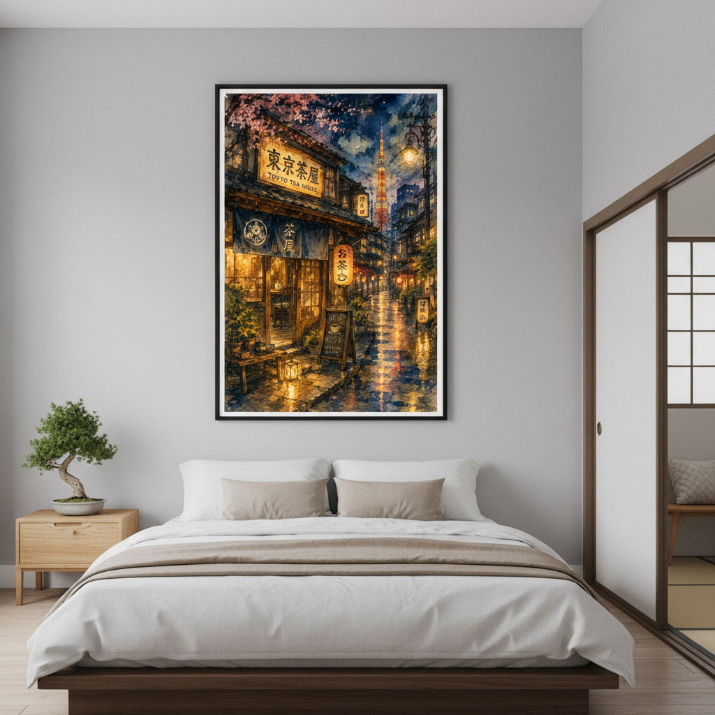 Cozy Tokyo Tea House Watercolor Art Print, Japanese Street at Night Wall Art, Tokyo Tower Matcha Cafe Painting, Warm Japandi Room Decor
