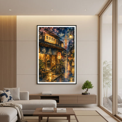 Cozy Tokyo Tea House Watercolor Art Print, Japanese Street at Night Wall Art, Tokyo Tower Matcha Cafe Painting, Warm Japandi Room Decor
