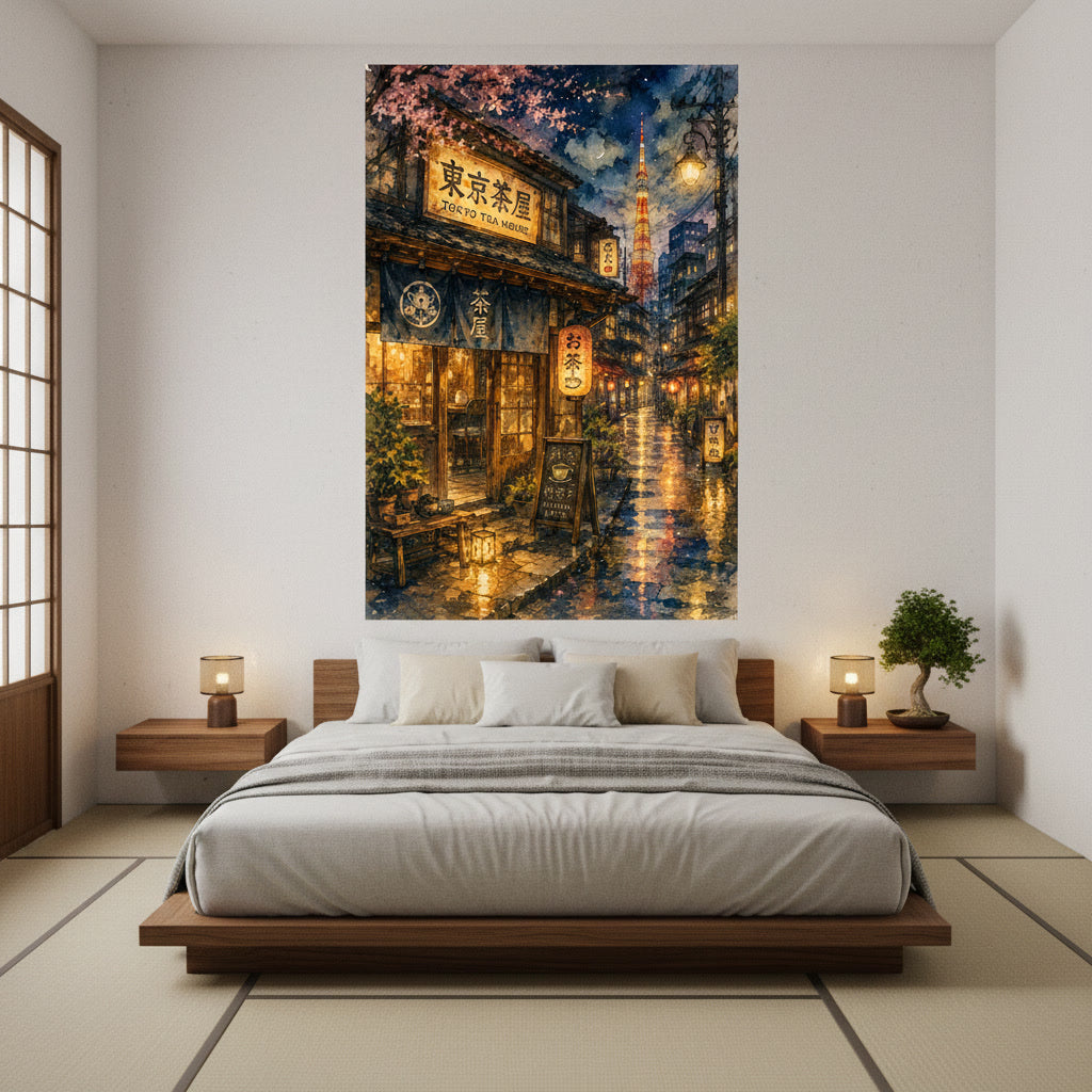 Cozy Tokyo Tea House Watercolor Art Print, Japanese Street at Night Wall Art, Tokyo Tower Matcha Cafe Painting, Warm Japandi Room Decor